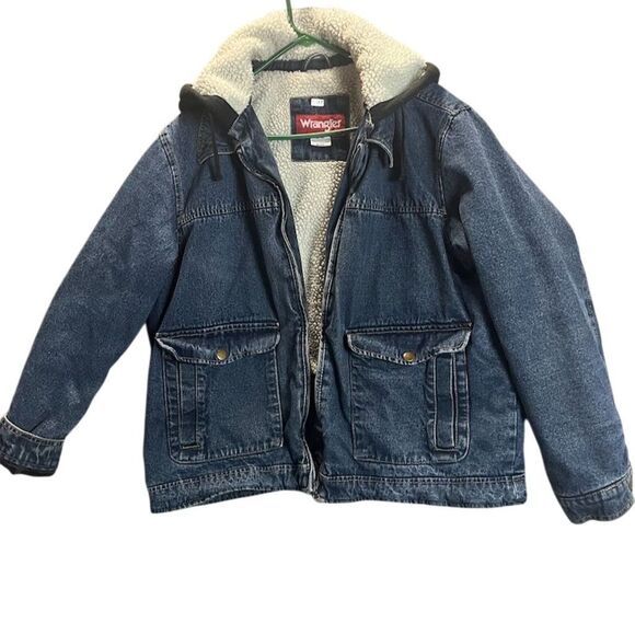 Vtg Wrangler Men's Sherpa Hooded Denim Jacket Blue Size XL Casual Chore Barn - Picture 1 of 3